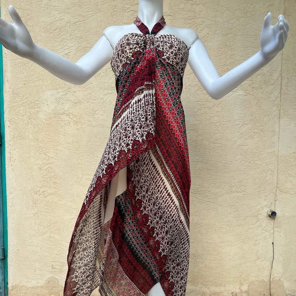 Boho Asymmetrical Dress with Tribal Print - Red/Bone/Black, Size L
